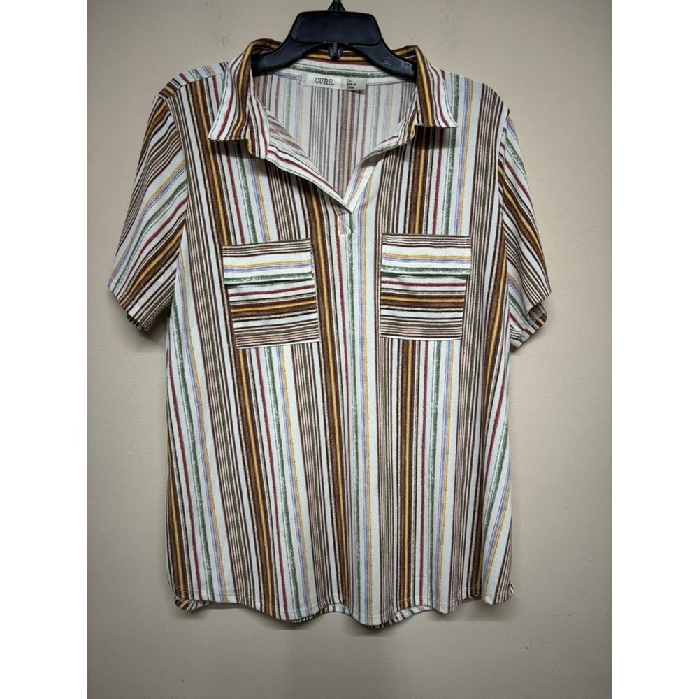 Cure Striped Blouse Womens XL Short Sleeve‎ Collared Pocket Top Neutral